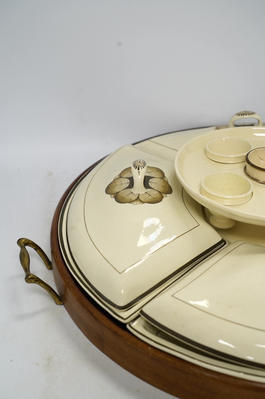 A late 18th century creamware breakfast set, fitted within later mahogany tray, 52cm handle to handle. Condition - some damage